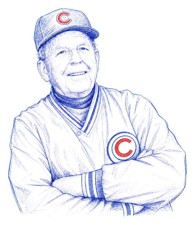 A blue ballpoint-pen portrait of Coach John in a Cubs cap and jersey, arms folded.