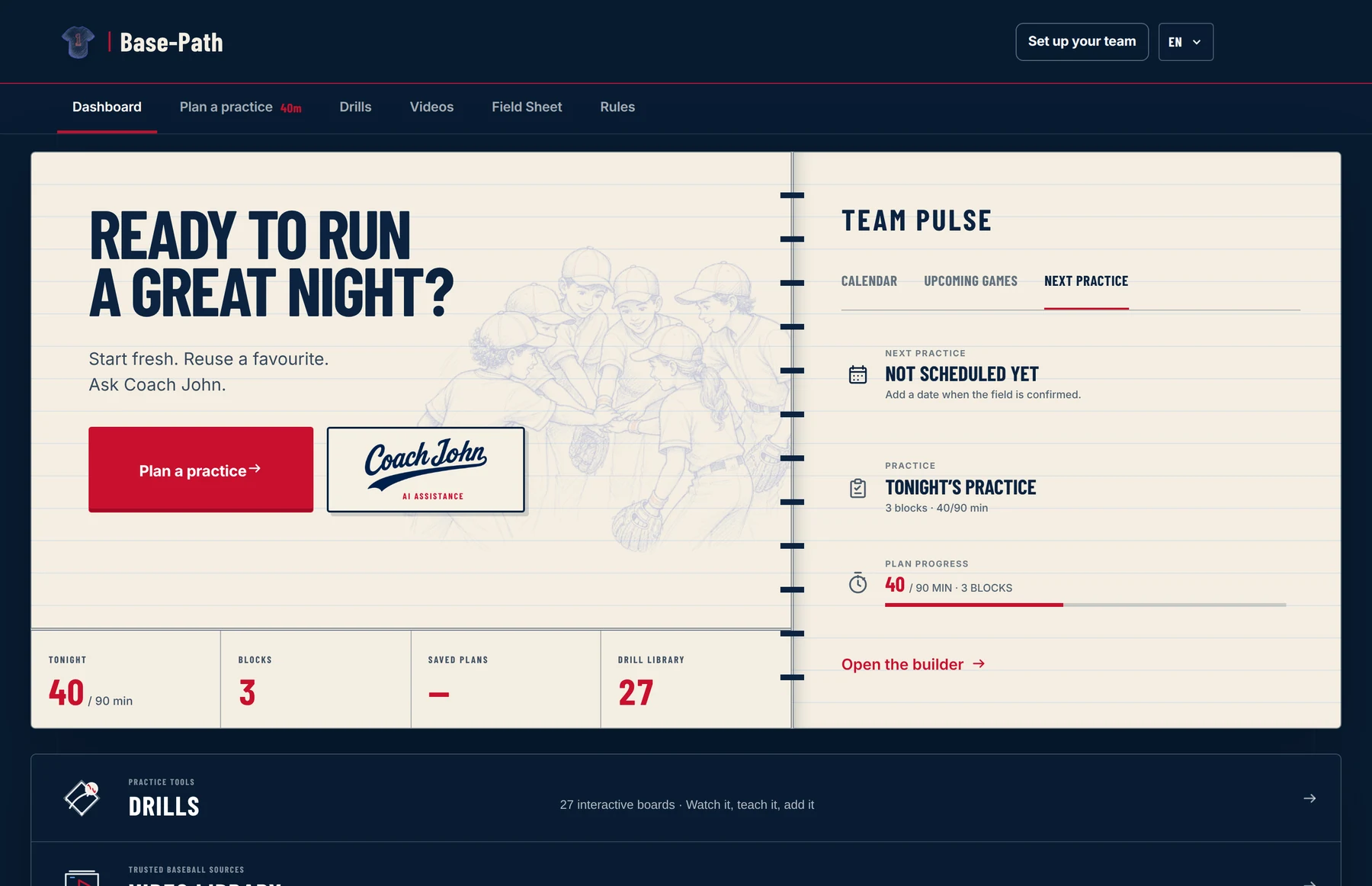The Base-Path dashboard: tonight's practice at 40 of 90 minutes, three blocks, a team pulse panel and shortcuts into drills, videos and rules.