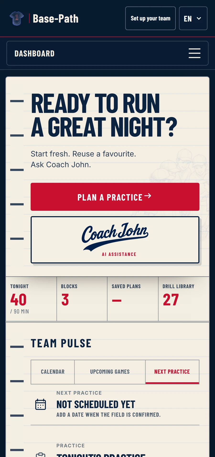 Base-Path running on a phone, showing tonight's practice and the drill shortcuts.