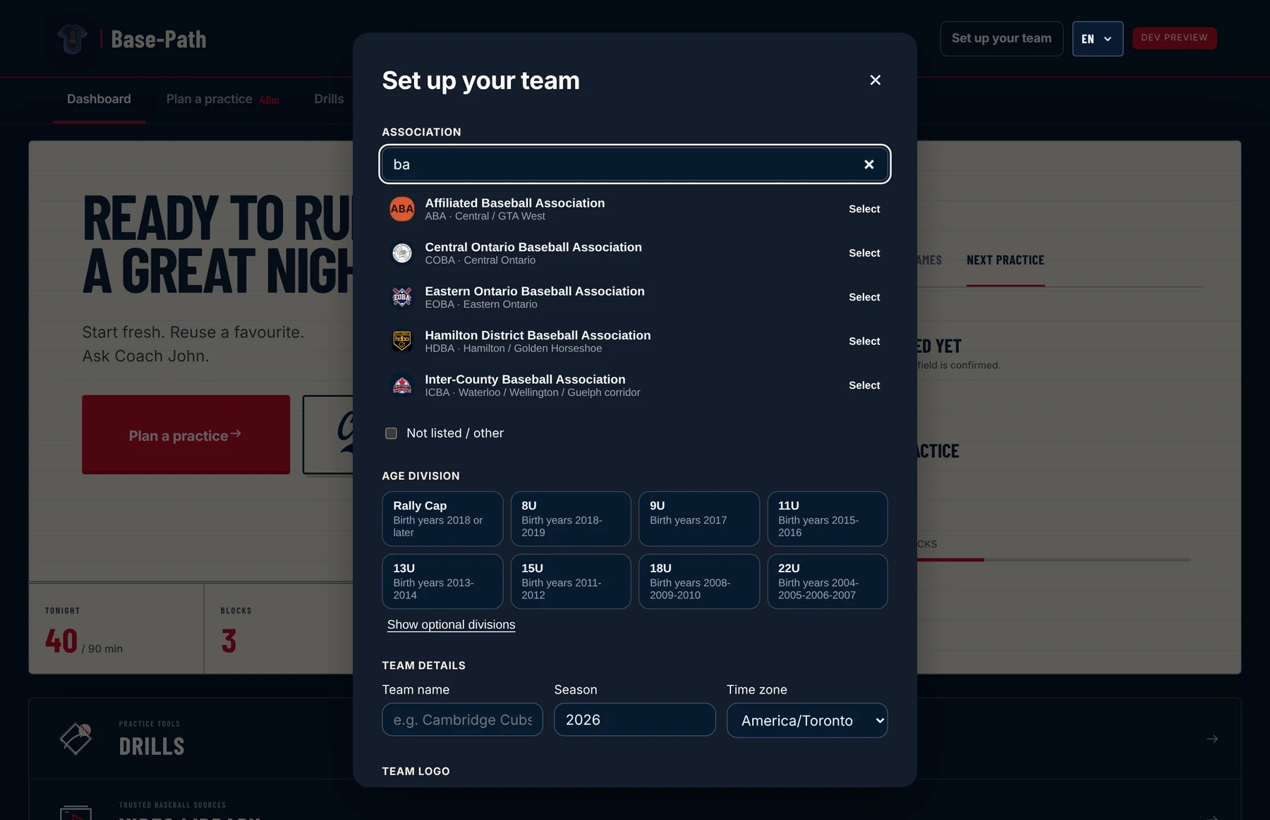 Team setup: searching the association list, with real crests beside Affiliated, Central Ontario, Eastern Ontario, Hamilton District and Inter-County Baseball Associations, then age divisions and team details.