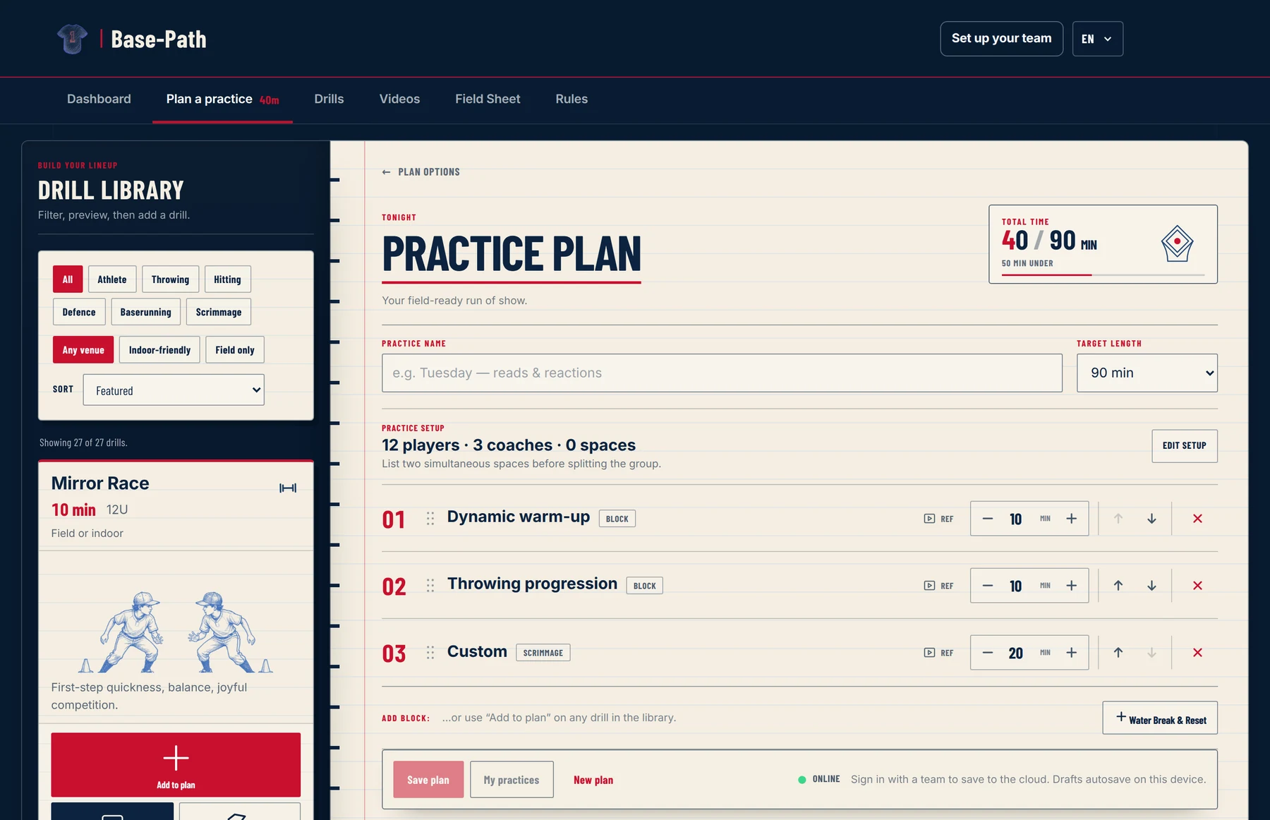 The Base-Path practice builder with the drill library docked on the left and three timed blocks — dynamic warm-up, throwing progression and a scrimmage — on the plan.