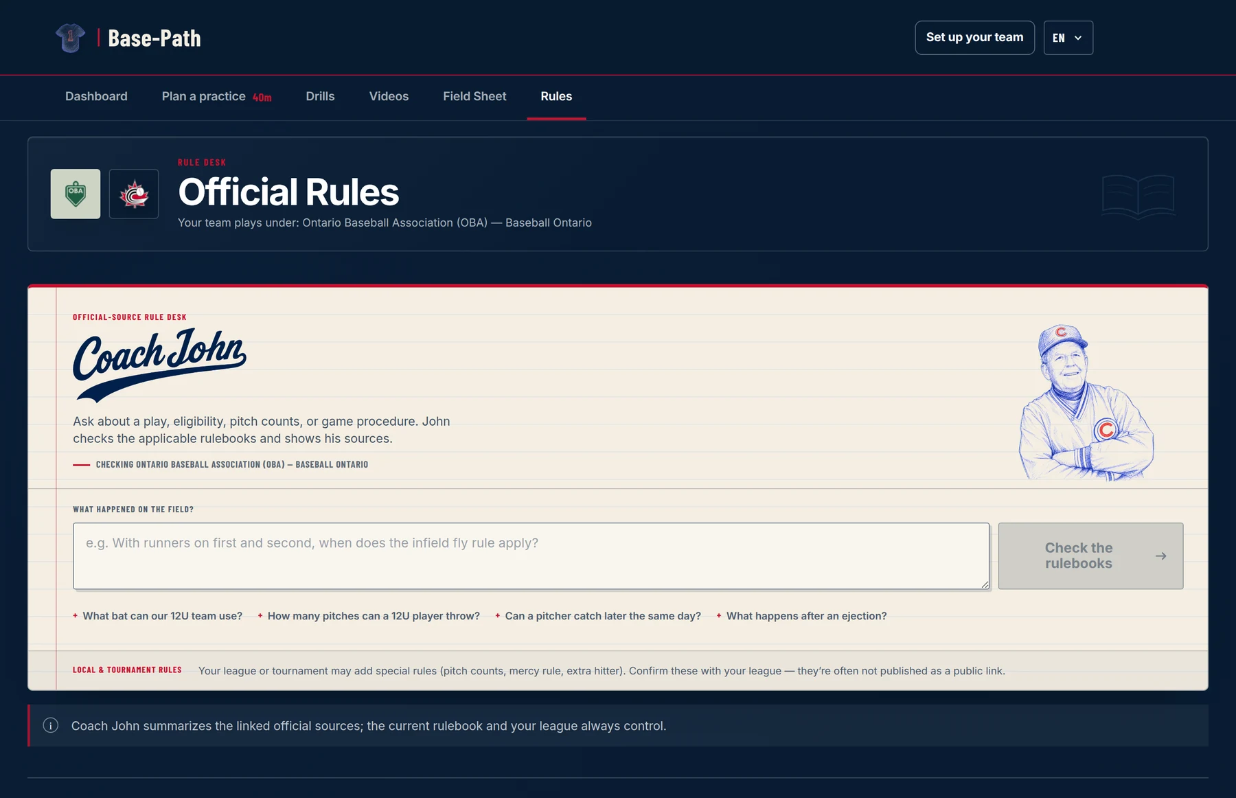 The Official Rules desk showing the Coach John script mark, the league chain for Ontario Baseball Association, and a question box.