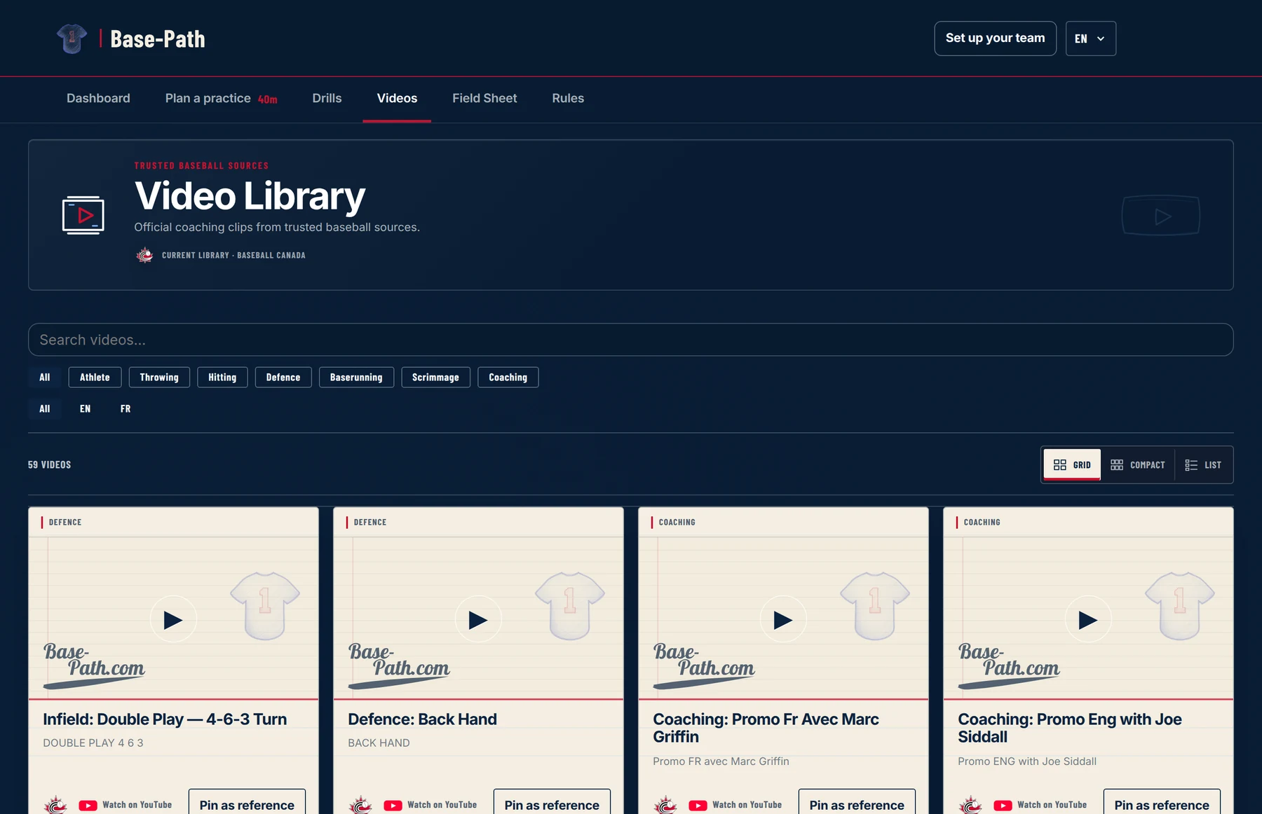The Base-Path video library: official Baseball Canada coaching clips with search, category and language filters, each card showing a play control over the Base-Path poster.